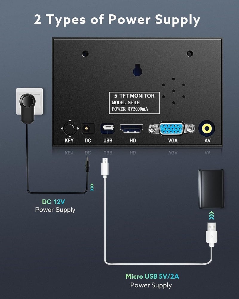 EYOYO شاشة 5 بوصة، 800x480 شاشة LCD TFT صغيرة لمراقبة الفيديو مع فتحة برغي 1/4 مع مدخل فيديو HDMI/VGA/AV للسيارة PC DVD DVR CCD DSLR-زاوية عرض واسعة 140° هيكل معدني - Image 5